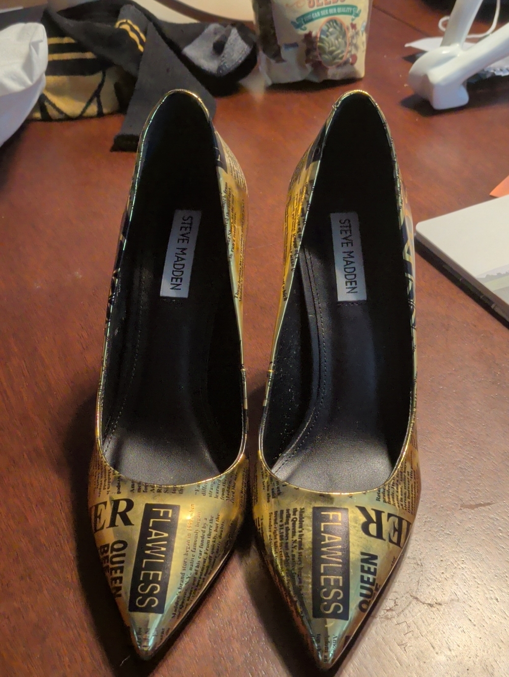 Steve Madden Gold and Black Newsprint Pointed Toe Pumps